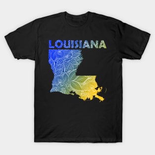 Colorful mandala art map of Louisiana with text in blue and yellow T-Shirt
